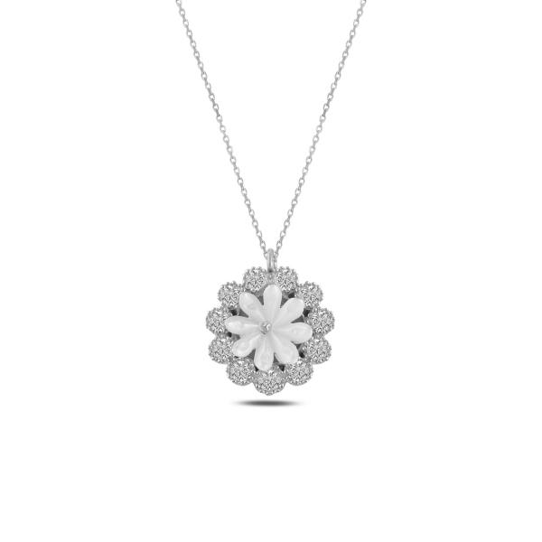 Flower Design Mother Of Pearl Necklace In Sterling Silver - Zehrai