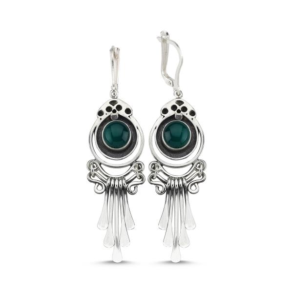 Green agate drop earrings in sterling silver - Zehrai