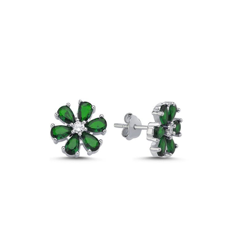 Green Flower stud earrings in sterling silver - Zehrai