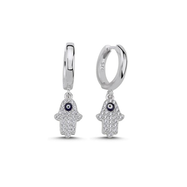 Hamsa & Evil Eye Huggie Hoop Earrings in Sterling Silver - Zehrai