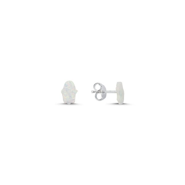 Hamsa Stud Earrings With Created White Opal In Sterling Silver - Zehrai