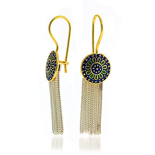 Hand Knitted Tassel & Enamel Green Flower Drop Earrings In Sterling Silver - Zehrai