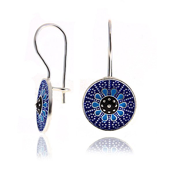 Handmade Blue Enamel Flower Design Earrings In Sterling Silver - Zehrai