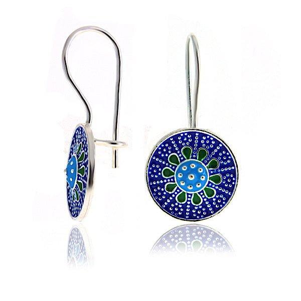 HANDMADE BLUE & GREEN ENAMEL FLOWER DESIGN EARRINGS IN STERLING SILVER - Zehrai