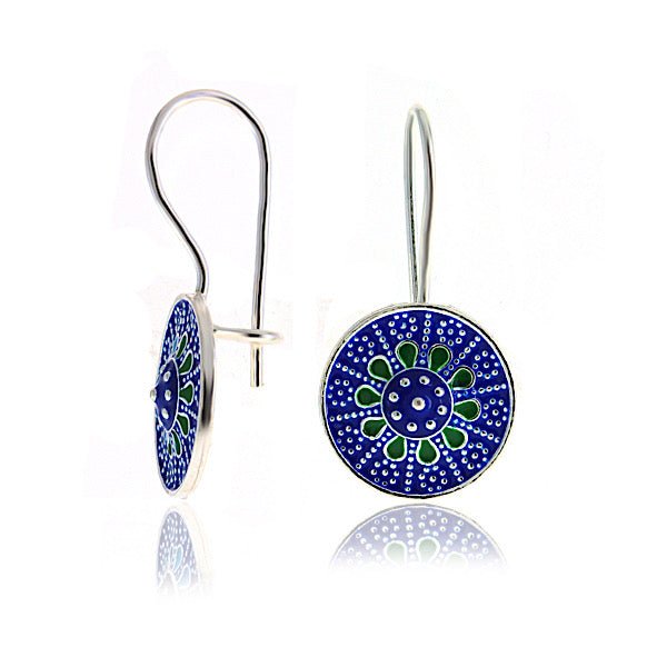 Handmade Enamel Earrings with Blue & Green Flower In Sterling Silver - Zehrai
