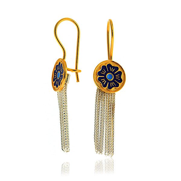 Knitted Tassel & Blue Flower Enamel Earrings In Sterling Silver - Zehrai