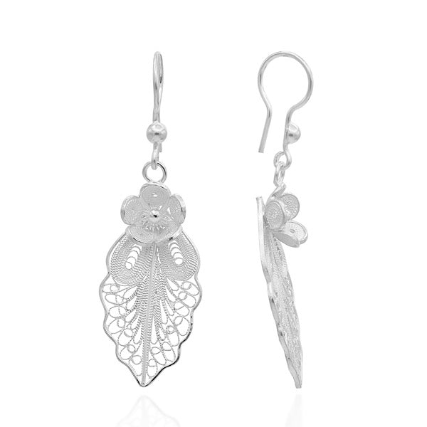 Leaf & Flower Design Filigree Earrings In Sterling Silver - Zehrai