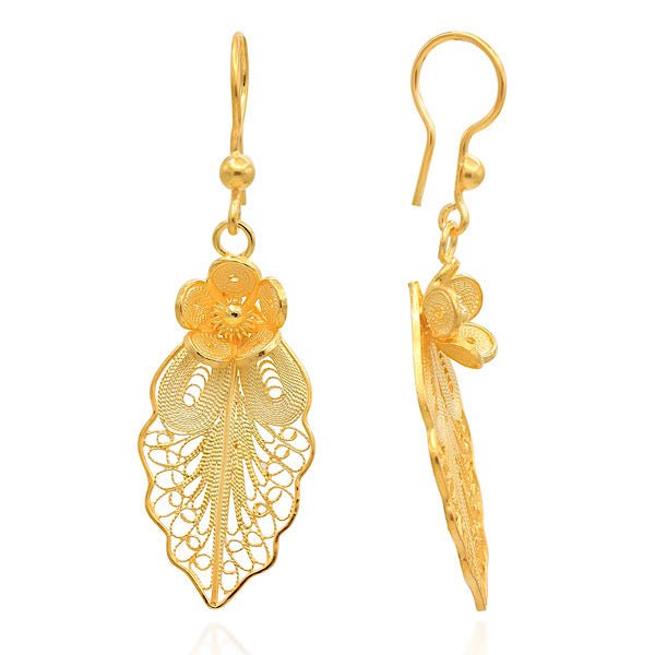 Leaf & Flower Design Filigree Earrings In Sterling Silver