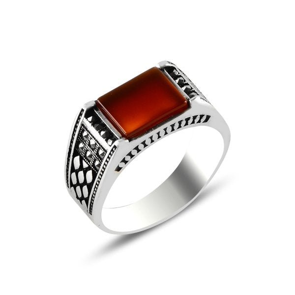 Marcasite & Red Agate Men's Ring In Sterling Silver - Zehrai