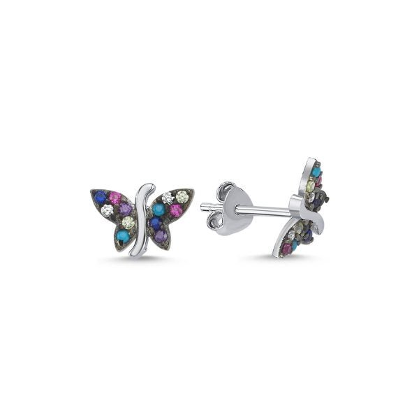 Multicolour Butterfly Stud Earrings In Sterling Silver - Zehrai