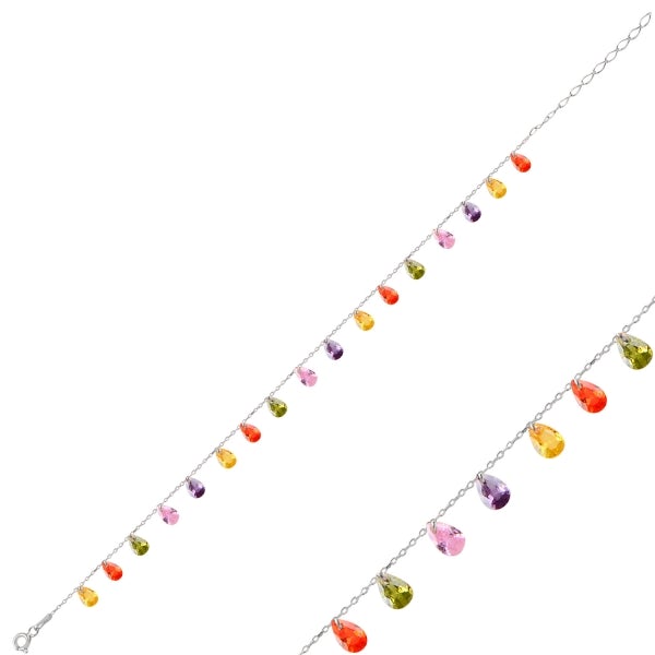 Multicolour Dangle Teardrop Anklet With CZ In Sterling Silver - Zehrai