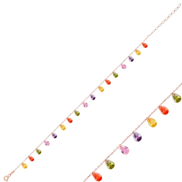 Multicolour Dangle Teardrop Anklet With CZ In Sterling Silver