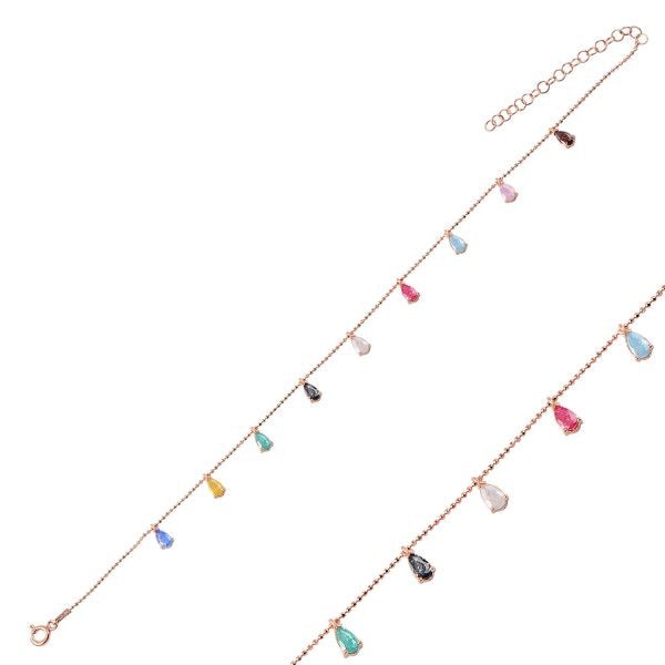 Multicolour Teardrop Dangle Anklet in Sterling Silver - Zehrai