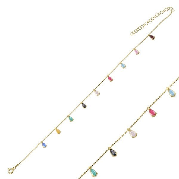 Multicolour Teardrop Dangle Anklet in Sterling Silver