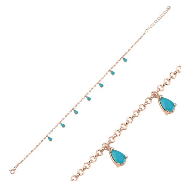 Nano Turquoise Dangle Rolo Chain Anklet In Sterling Silver - Zehrai