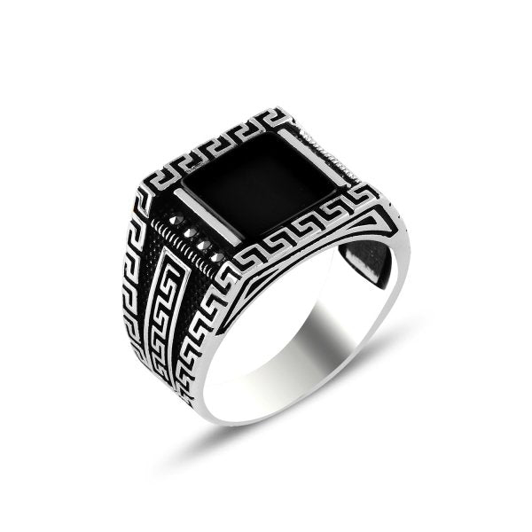 Natural Black Onyx & Marcasite Men’s Ring In Sterling Silver - Zehrai