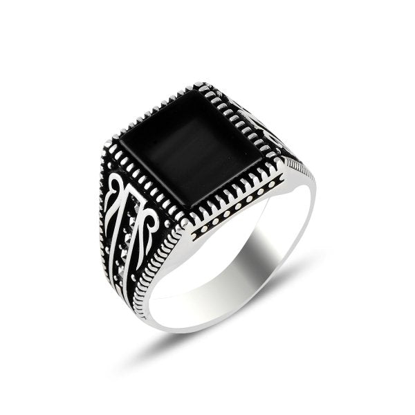 Natural Black Onyx & Marcasite Men’s Ring In Sterling Silver - Zehrai