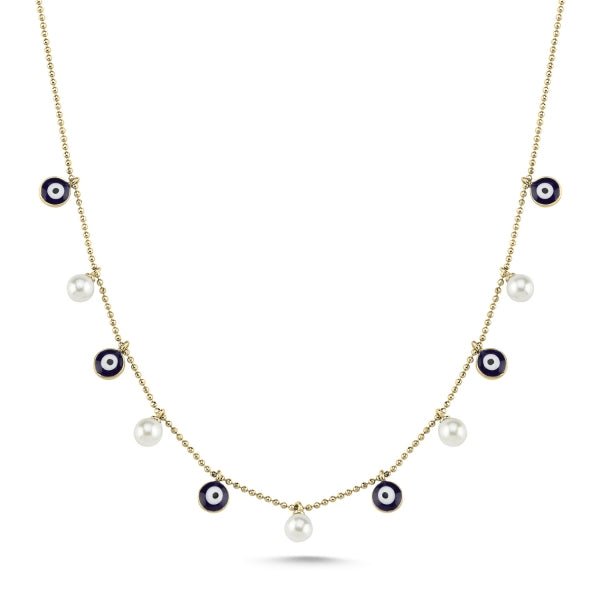 Navy Evil Eye & Cultured Fresh Water Pearl Choker Necklace In Sterling Silver