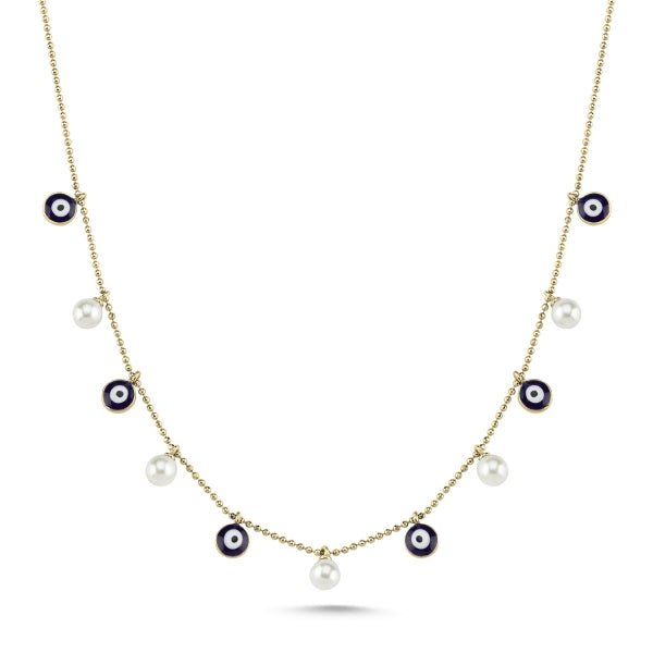 Navy Evil Eye & Cultured Fresh Water Pearl Choker Necklace In Sterling Silver