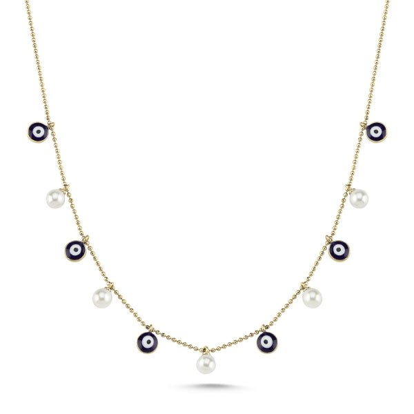 Navy Evil Eye & Cultured Fresh Water Pearl Choker Necklace In Sterling Silver - Zehrai