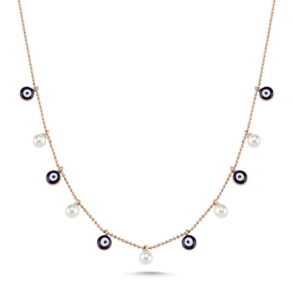 Navy Evil Eye & Cultured Fresh Water Pearl Choker Necklace In Sterling Silver - Zehrai