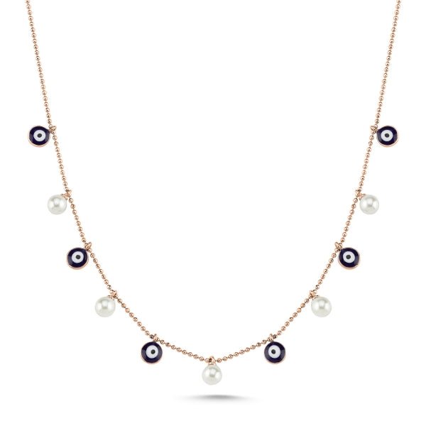 Navy Evil Eye & Cultured Fresh Water Pearl Choker Necklace In Sterling Silver - Zehrai