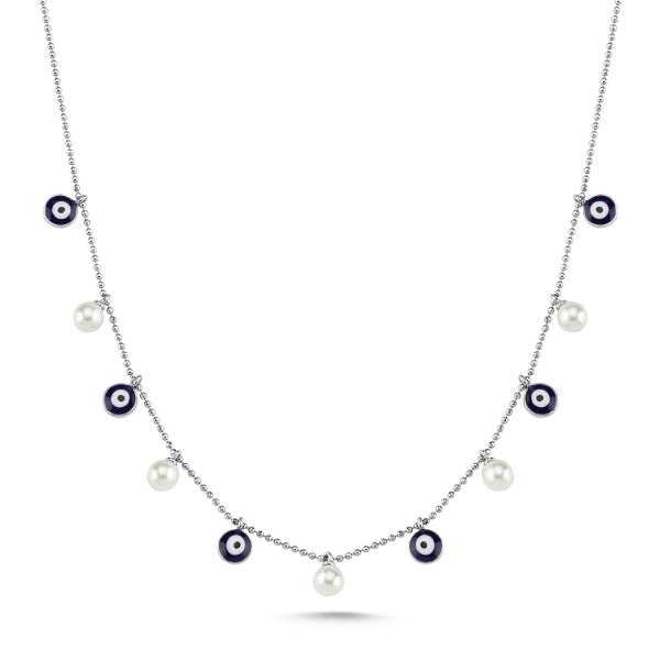 Navy Evil Eye & Cultured Fresh Water Pearl Choker Necklace In Sterling Silver - Zehrai