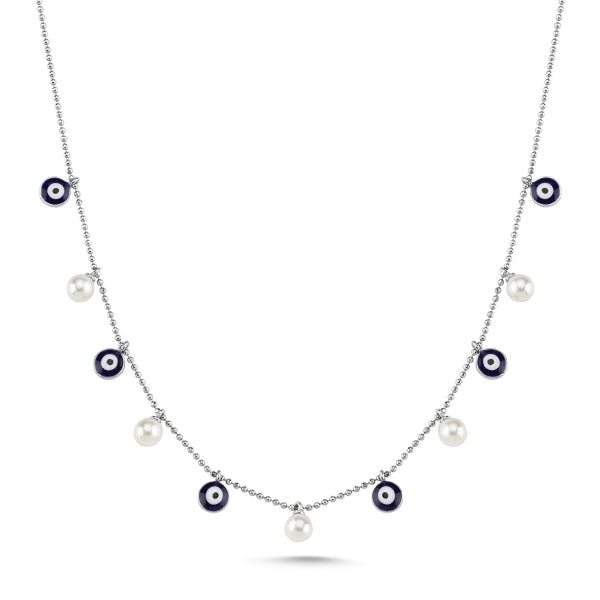 Navy Evil Eye & Cultured Fresh Water Pearl Choker Necklace In Sterling Silver - Zehrai