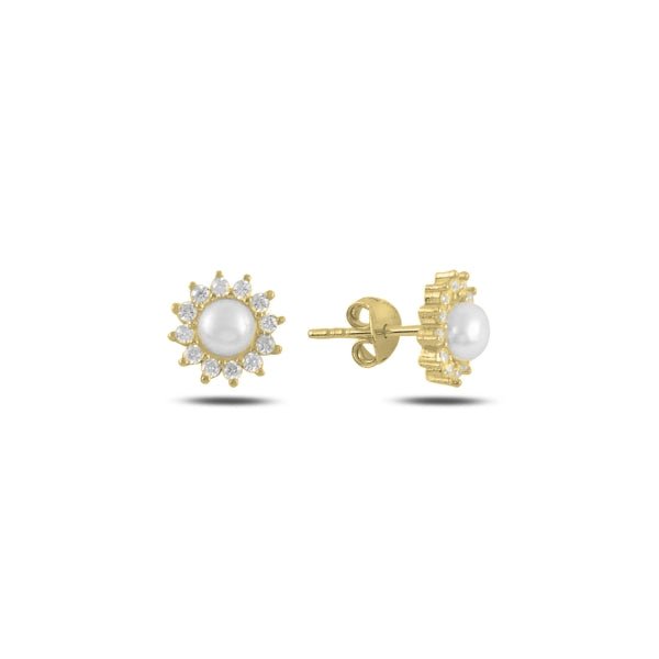 Pearl & Halo Solitaire CZ Stud Earrings - Zehrai