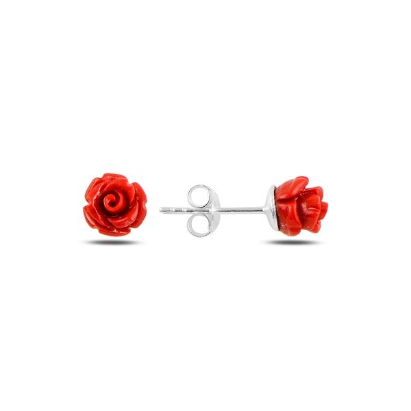 Red rose stud earrings in sterling silver - Zehrai