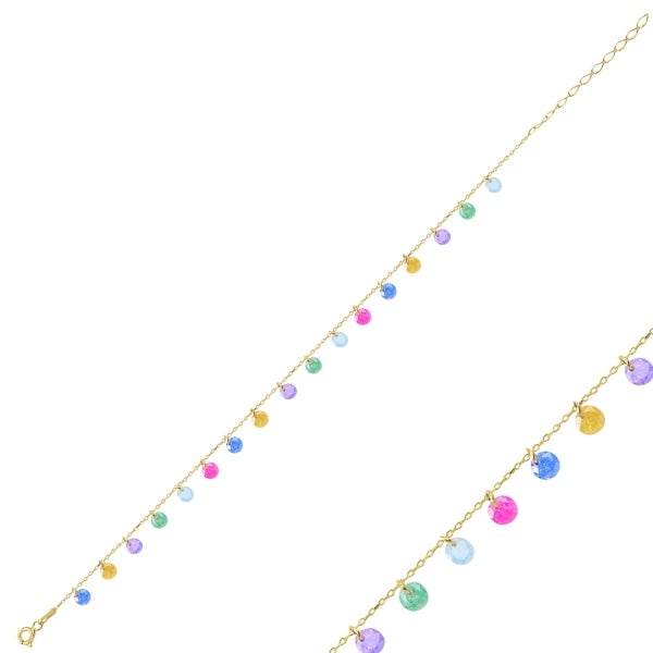 Round Multi Colour Dangle Anklet With CZ In Sterling Silver