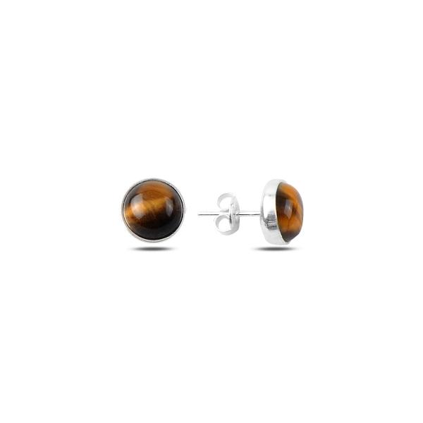 Round natural tiger eye stud earrings in sterling silver - Zehrai