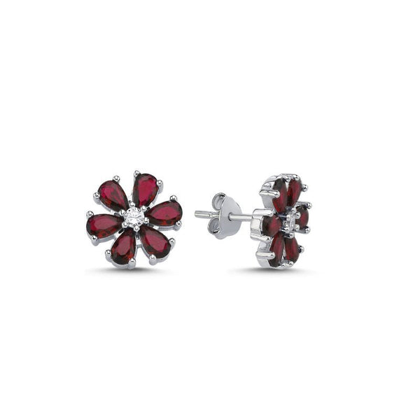 Ruby Red Flower Stud Earrings in Sterling Silver - Zehrai