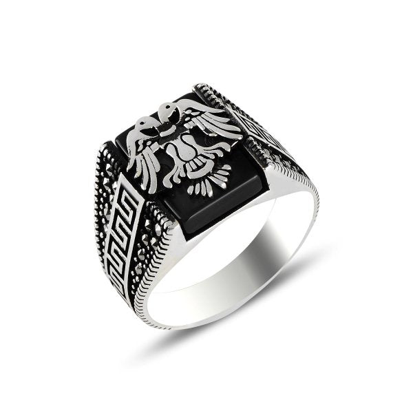 Seljuk's Eagle Marcasite & Black Onyx Men's Ring - Zehrai