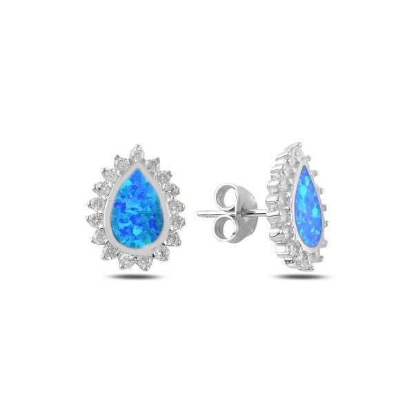 Teardrop Created opal stud earrings in sterling silver - Zehrai