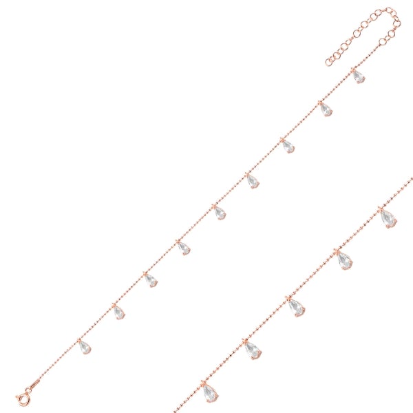 Teardrop Dangle Anklet with CZ In Sterling Silver