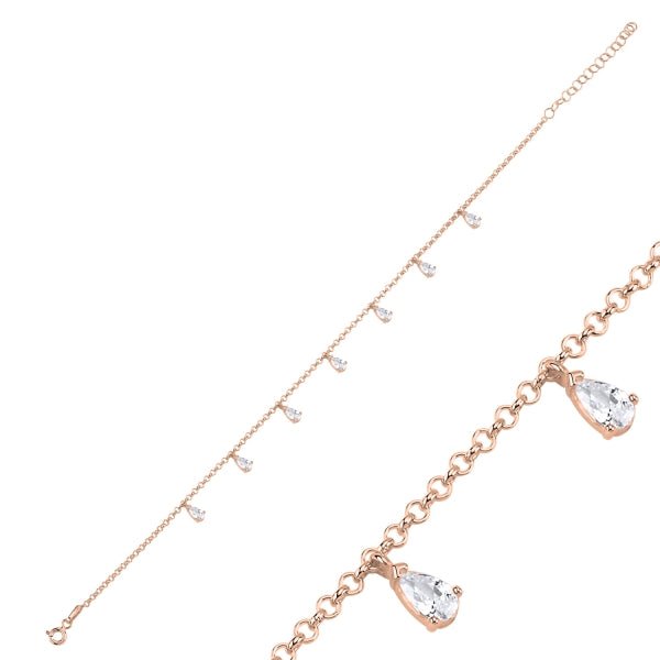 Teardrop Dangle Rolo Chain Anklet In Sterling Silver