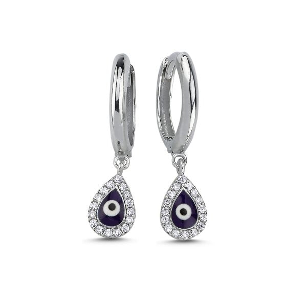 Teardrop Evil Eye Huggie Hoop Earrings In Sterling Silver