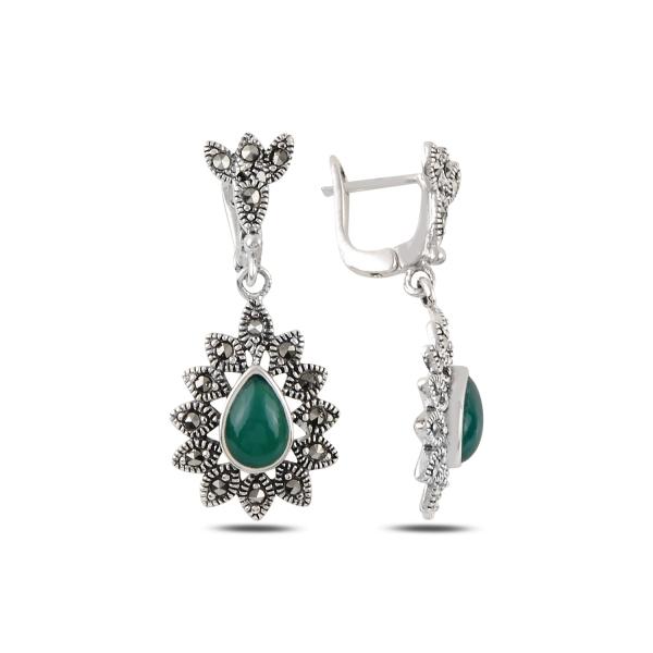 Teardrop Green Agate Earrings With Marcasite in Sterling Silver - Zehrai