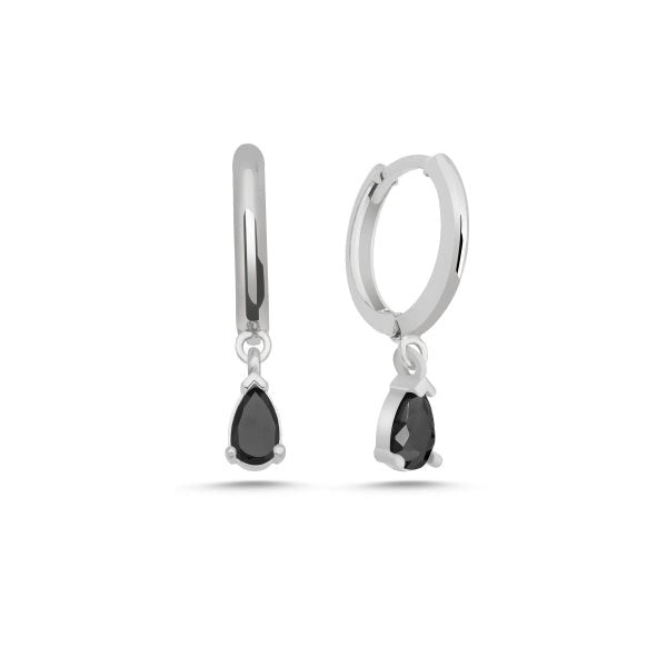 Teardrop Huggie Hoop Earrings With Black CZ In Sterling Silver