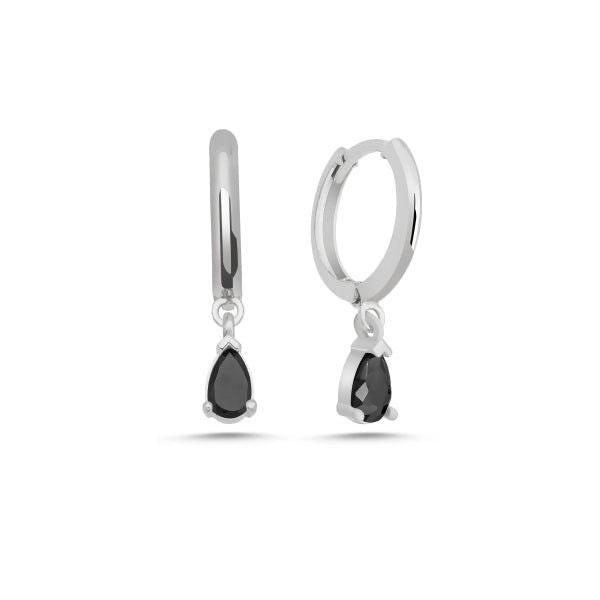 Teardrop Huggie Hoop Earrings With Black CZ In Sterling Silver - Zehrai