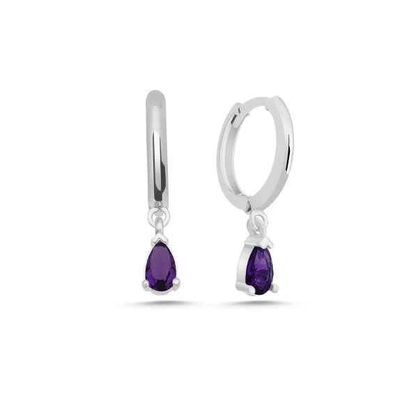 Teardrop Huggie Hoop Earrings With Created Amethyst In Sterling Silver