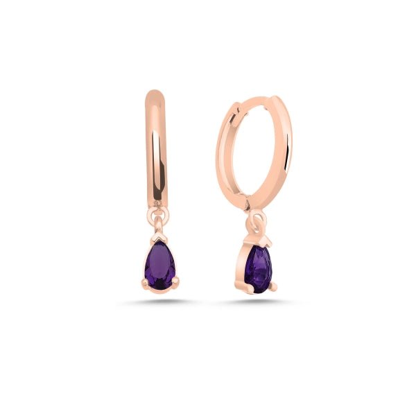 Teardrop Huggie Hoop Earrings With Created Amethyst In Sterling Silver - Zehrai