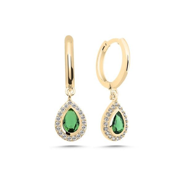 Sterling Silver Teardrop Huggie Hoops Earrings with Created Emerald