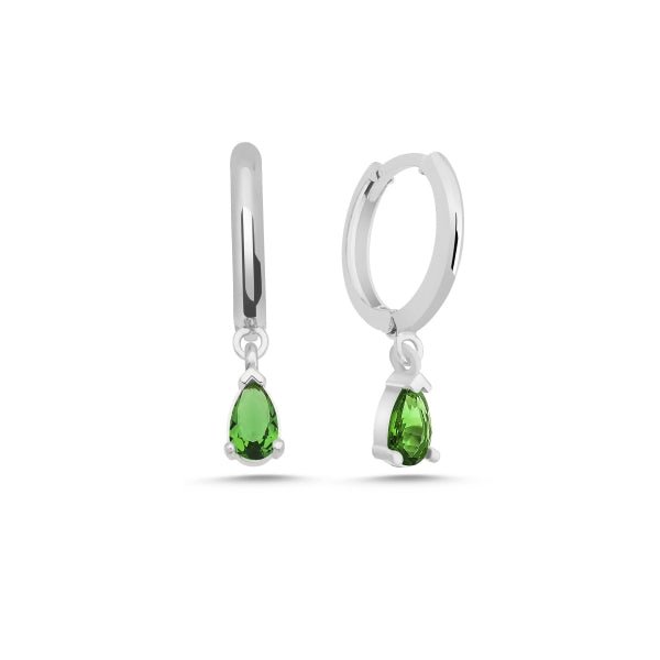 Teardrop Huggie Hoop Earrings With Created Emerald In Sterling Silver - Zehrai