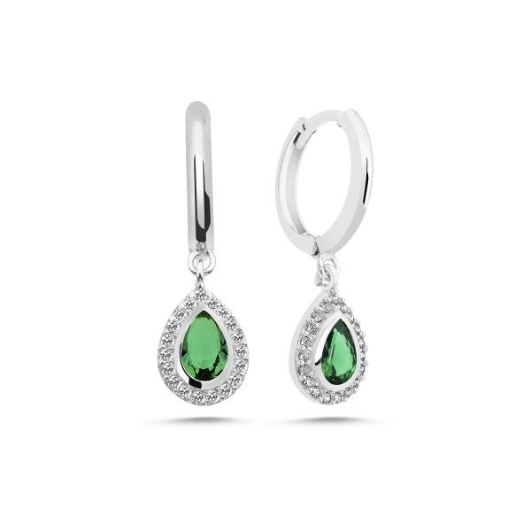 Teardrop Huggie Hoop Earrings With Created Emerald in Sterling Silver - Zehrai