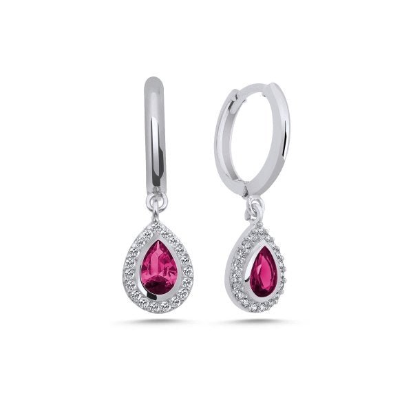 Teardrop Huggie Hoop Earrings with Created Ruby in Sterling Silver - Zehrai