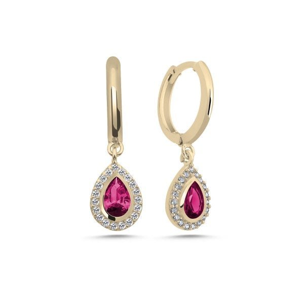 Sterling Silver Teardrop Huggie Hoops Earrings Set with Created Ruby