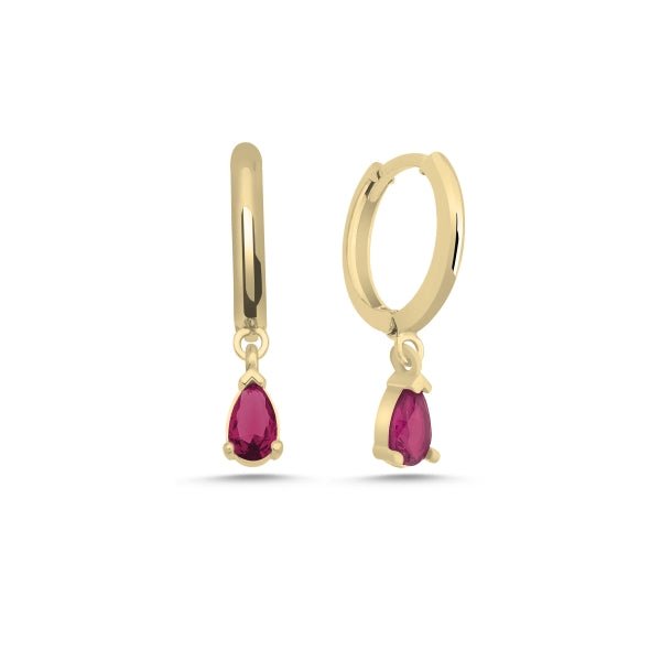 Teardrop Huggie Hoop Earrings With Created Ruby In Sterling Silver