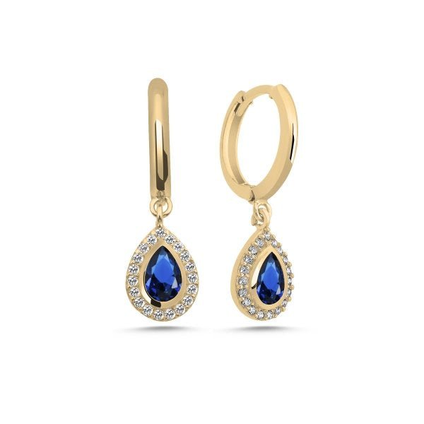 Teardrop Huggie Hoop Earrings With Created Sapphire In Sterling Silver - Zehrai